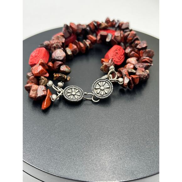 Vintage 925 Sterling Silver Garnet & Cinnabar Triple Strand 8” Bracelet 47.8g - Picture 3 of 11